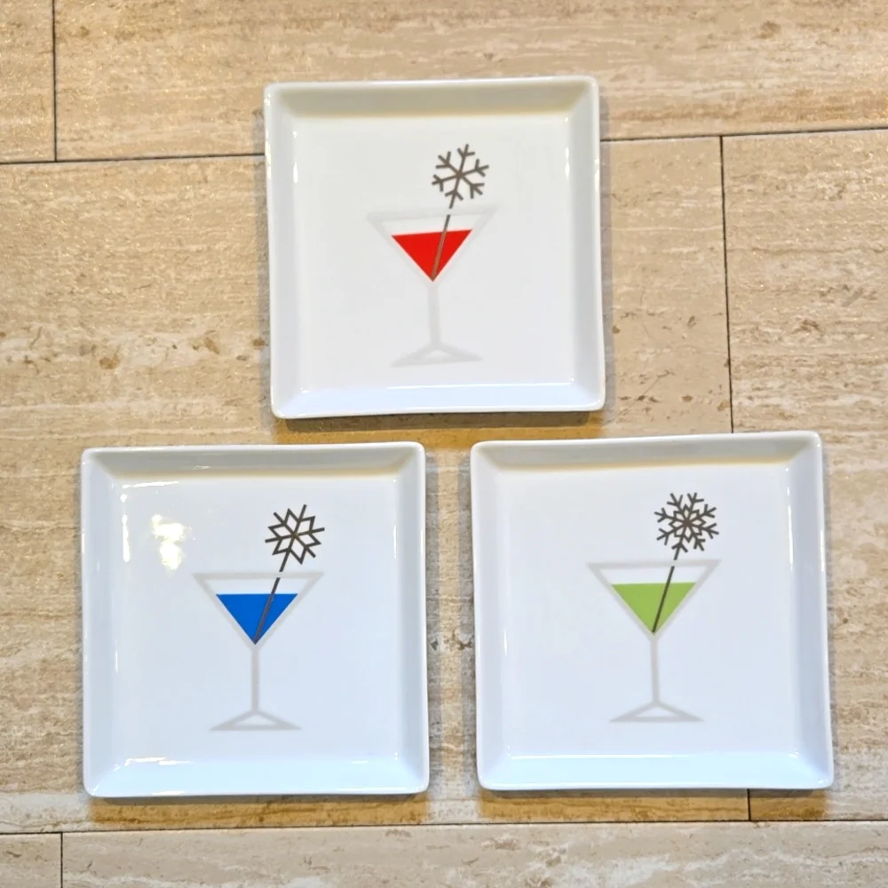 Crate & Barrel Set of 3 White Porcelain Jack Frost Martini Appetizer Pla…